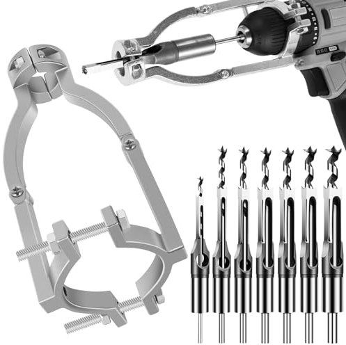 Square Hole Drill Bit Adapter with 7 Square Hole Drill Bit, Mortising Attachment for Hand Drill/Drill Press, Mortise and Tenon Tools Mortise Drill Bit Accessory, Quickly Install or Disassemble