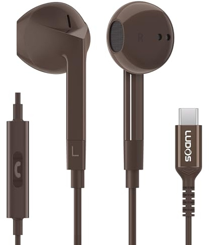 Ludos FEROX USB C Headphones, 5 Years Warranty, USB-C Earbuds for iPhone 16 15 Pro Max Plus Samsung Galaxy S24 S23 Ultra S22 S21 FE S20 Z Flip 3 Fold 4 A53 A54, USB Type C Earphones for iPad - Brown