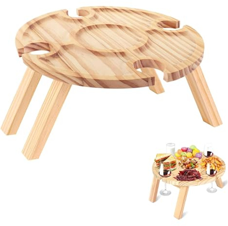 NUWIQ Table à vin Portable, Table à vin Ronde en Bois, Folding Picnic Wine Glass Holder, 29,3x14,5 cm avec Porte Verre à vin, Pliable, pour Le Fromage et Les Fruits