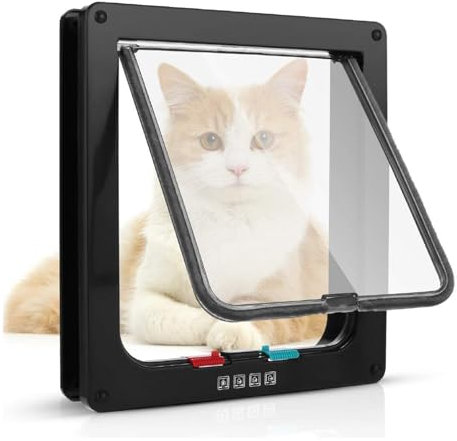Cat Door Safety Pet Sliding Door Safety Pet Door with 4 Way Lock, Weatherproof Cat Flap for Interior Exterior Door Window Wall Two-Way Entry and Exit Cat Door Dog Flap (Black, L 21 cm x 19.5 cm)