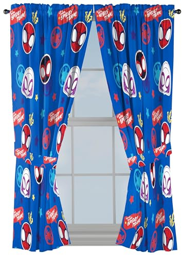 Jay Franco Window Curtains for Kids Bedroom 4-Piece Drape Set with 2 Tiebacks, Blue - Spidey & His Amazing Friends, 42 W x 63 L (Pack of 2)
