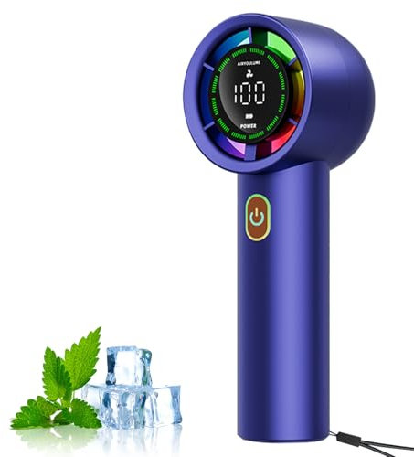 wokdsbl Hand Held Fan Rechargeable 3000mAh, Blue Silent Electric Personal Travel fan with High Speed Turbo Mini Fan 6 Speeds, 100 speed Settings, LCD Display & Colour Light for Indoor Outdoor Use