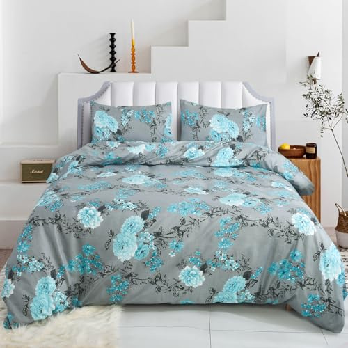 CHARKHAH 4 Piece Reversible Printed Bedding Set Includes 1 Duvet Cover, 1 Deep Fitted Sheet & 2 Pillowcases – Soft Microfibre Easy Care Quilt Cover Set for All Seasons (Blossom Teal, King)