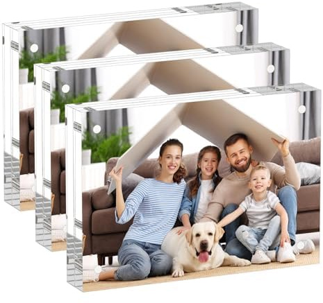 AITEE Acryl Bilderrahmen 10x15cm: 3er Pack Doppelseitige Fotorahmen | 4x6 Zoll, rahmenlos, 20 % dickerer Acrylblock, transparenter freistehender magnetischer Bilderrahmen für Schreibtisch