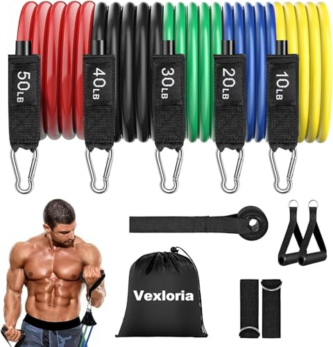 Vexloria Resistance Bands Set with Handles, Exercise Bands Stackable up to 150lbs, Gym Bands with Door Anchor & Ankle & Carry Bag for Men and Women Fitness, Strength Training Home Gym Equipment, Grey