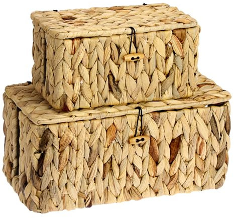 BSTKEY 2 Sizes Water Hyacinth Cord Storage Basket with Lid, Hand-woven Cable Management Storage Box Decorative Data Cable Basket Socket Holder with 2 Side Open Slots for Countertop Floor