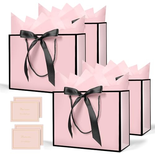 AMFUN Bolsas de Regalo con Asa, 4 Bolsas Marco Negro Rosa de Regalo, 28x20x10cm Regalo Puro Bolsa con 4 Tarjetas de Felicitación, para Cumpleaños, Fiesta, Celebración