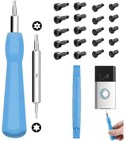 Hao Zhu Ring Doorbell Screws & Screwdriver Set, T6/T15 Torx Blue, 20 Pcs | Ring doorbell screwdriver & screws kit, T6/T15 torx, 20pcs, for Ring 2/3/4/Pro/Elite. Ideal for battery swap, lost screw fix.