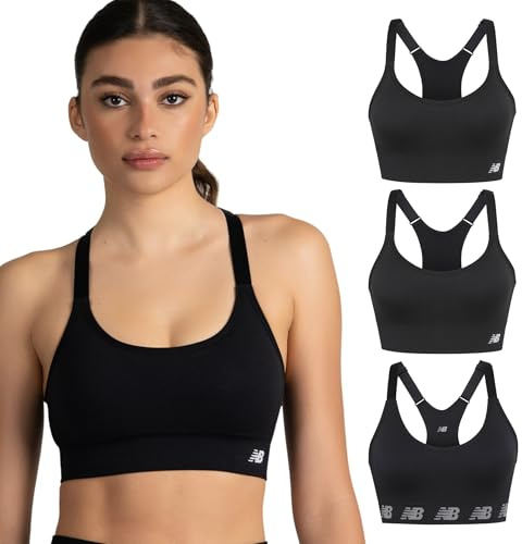 New Balance 3 Pack Seamless Sports Bras for Women, Cami Keyhole Breathability, Sports Bra for Workouts, Yoga, Black, M