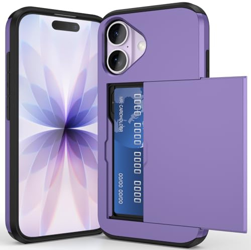 ACOCOBUY for iPhone 17 Case with Card Holder Sliding Cover 6.3 inch Purple | Hidden Pocket IDs Credit Cards Slot Heavy Duty Shockproof Protective Dual Layer Wallet Phone Cover Back Shell for Men Women