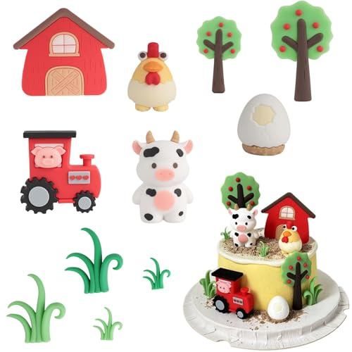 Décorations de gâteau d'animaux de la ferme – Décorations d'anniversaire à thème de la ferme, tracteur, vache grange, pour enfants, design mignon et coloré, convient pour garçons et filles