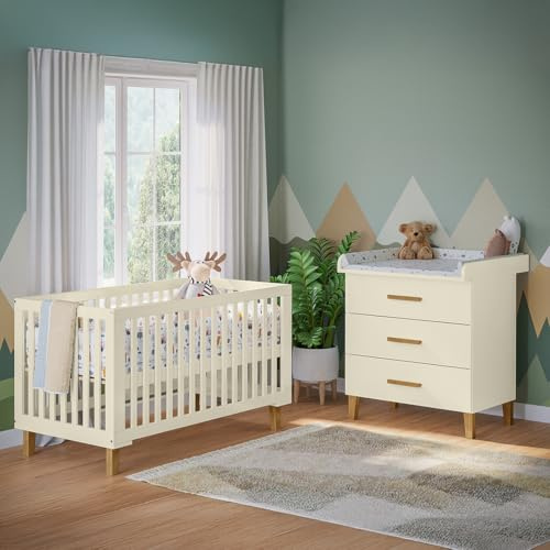 Bellabino Liri Kinderzimmer Set – 2-teiliges Babyzimmer Set mit Babybett & Wickelkommode in Beige/Natur –Wickeltisch mit abnehmbaren Wickelaufsatz & Gitterbett 3-Fach höhenverstellbar – Kinderzimmer