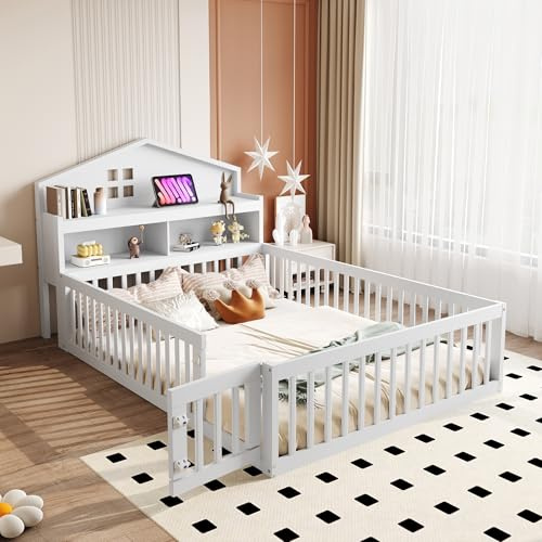 BXEYXE Cama infantil de 140 x 200 cm con marco de madera maciza. Listón con estantes y espacio de almacenamiento. Con rejilla de protección y puerta. Con listón de cuadros, con somier, color blanco