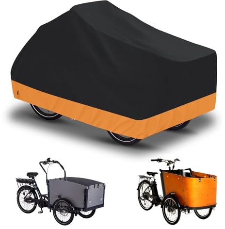 Lastenrad Abdeckung- Fahrradabdeckung wasserdicht aus 600D Oxford,Gewebe verschweißte Innennähte, Fahrradgarage für Lastenrad Abdeckplane Dreirad Fahrradschutzhülle zweispurig (Orange)