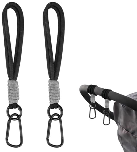 DORKIN Ganchos para silla de paseo, juego de 2 ganchos para bolsas de cochecito, mosquetones, accesorios prácticos para ir de compras y pasear, negros