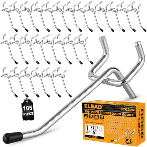 ELEAD 105-Piece 2 Inch Pegboard Hooks, Heavy Duty Peg Board Organizer Accessories, Peg Board Tool Hangers Fit for 1/4 and 1/8 Pegboard Hanging Tools Garage, Workshop, and Craft Storage