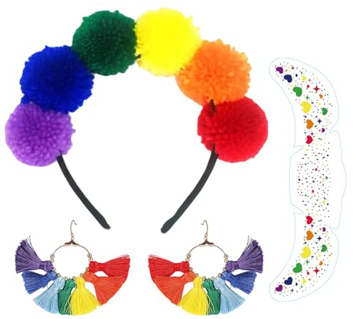 XINDY Regenbogen Kostüm Damen, Regenbogen Haarreif mit Bunt Pompons, Ohrringe, Sommersprossen Tattoo, Halloween, CSD, Mottoparty, Karneval Kostüm Faschingskostüme Damen