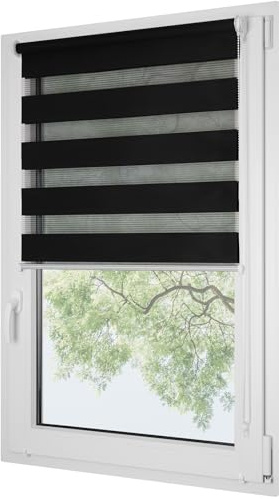 RENA Rollos Für Fenster Ohne Bohren - Tag und Nacht - Doppelrollo mit Haken - Einsatzbereit - Fensterrollo - Weiße Kette Verstellbar - 45 x 150 cm Schwarz