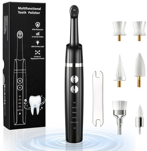 Kit Pulidor Dental Recargable para Limpieza y Blanqueamiento Dental, limpiador de sarro dental con 5 Cabezales, 5 Velocidades, Luz LED, quita sarro dental y manchas, IPX6 Resistente al Agua