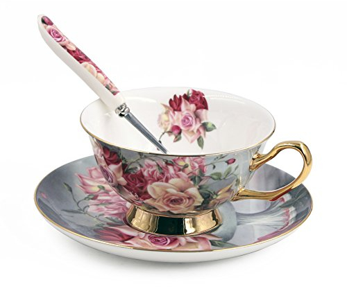 T Tocas Premium Quality Bone China Coffee Cup Teacup & Saucer & Teaspoon Set, 7oz (Red Rose Printing)
