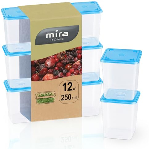 MiraHome Gefrierdosen Set 12x0,25L Durchsichtig Blau – Perfekt in der Küche zur Aufbewahrung & Organisation für Lebensmittel – Vorratsdosen mit Deckel Luftdicht – Austrian Quality