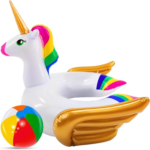 2 Pcs Pool Floats for Kids-Unicorn Swim Floats & Beach Ball Summer Beach Pool Toys,Inflatable Pool Floaties Unicorn Swimming Ring Ride On for Kids 3-8 Years Girls Boys Toddler Summer Party Water Toys