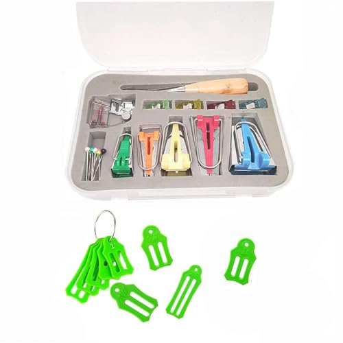YICBOR Schrägbandformer-Set, alle 5 Größen, 6 mm, 9 mm, 12 mm, 18 mm, 25 mm, zum Binden von Fuß, Bastelklammern, Ahle Quilternadel, kommt mit 10 Stück faltbaren Stoff- und Schrägstreifen,