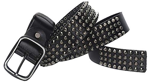 3-reihig konischen Spitznieten Studded Gürtel Damen und Herren, Nietengürtel mit Dornschliesse Punk Gothic Schwarz Ledergürtel für Jeans, Hosen,Schwarz,110cm/waist:36~38