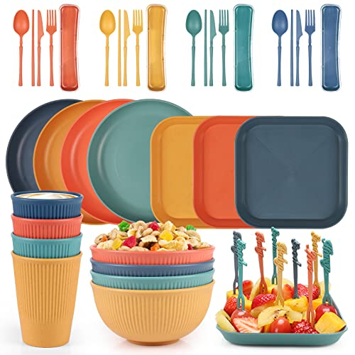 Czemo Set Piatti Campeggio Colorati, Set Stoviglie di Plastica Lavabili, Set Piatti e Posate per Campeggio, Stoviglie da Campeggio, Servizio di Piatti Colorati con Ciotole, Tazze, Forchette, Cucchiai