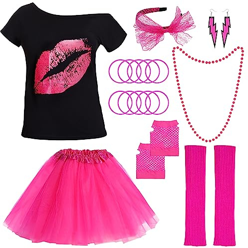 baotongle 80er Jahre Damen Kostüm Zubehör Set T-Shirt Tutu Stirnband Ohrringe Netz Handschuhe Beinstulpen Halsketten Perlen Armband Netzhandschuhe für Damen 80er Party (Rose Rot, S)