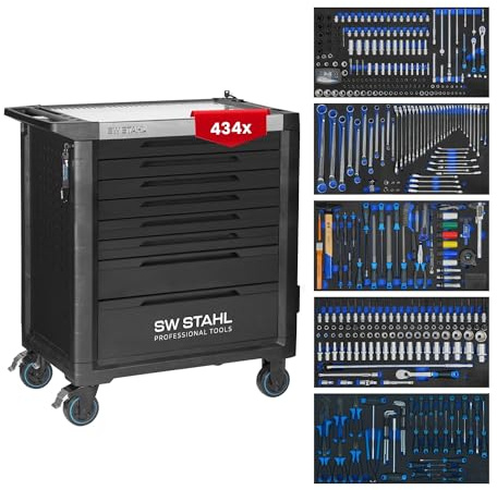 SW-stål Z3201 TT802 Verkstadsvagn med Verktyg - 434 Delar & 8 Lådor | Svart rullvagn med Twin-Lock och arbetsyta i rostfritt stål, 5 fyllda lådor, hylsnycklar och tänger ingår