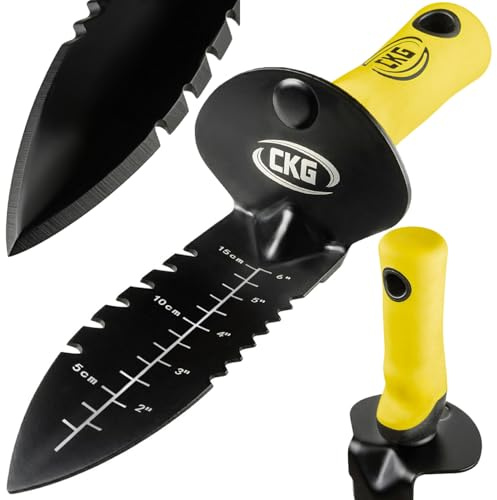 CKG Metal Detector Shovel,Heavy Duty Double Serrated Edge Digger-Detecting Digging Tool with Sheath Knife for Gardening Trowel Hunting Camping,Weeding,Planting & Treasure Hunting,Black