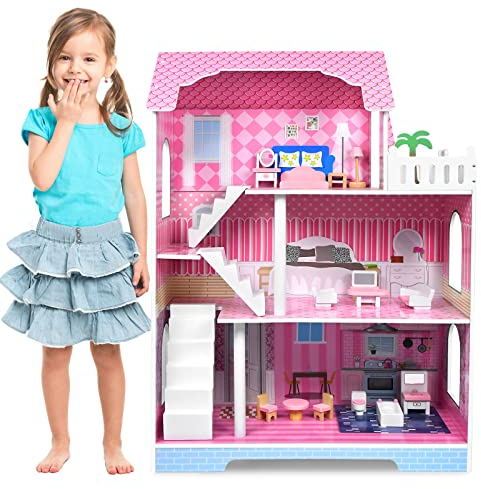 UISEBRT Casa delle bambole in legno villa con 3 piani mobili e accessori, set da gioco per bambini dai 3 anni in su, tipo B, ELC1073
