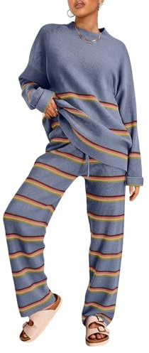 LILLUSORY 2-teiliges Set für Damen 2025, zweiteilige Lounge-Sets, Herbstmode, übergroße gestreifte Strickpullover, Outfits, Streifen Dustyblue, XL