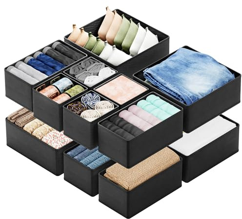 SpaceAid Drawer Organizer for Clothes, 12 Pack Dresser Drawer Organizer Bins, Closet Organizers and Storage Dividers for Clothing, Underwears, Socks (Black)