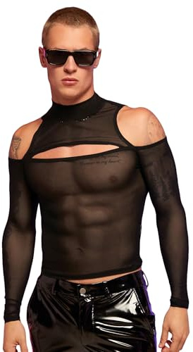 WDIRARA Men's Cut Out Front Mesh Sheer Mock Neck Long Sleeve Bodycon Party Blouse Tops Black XXXXL