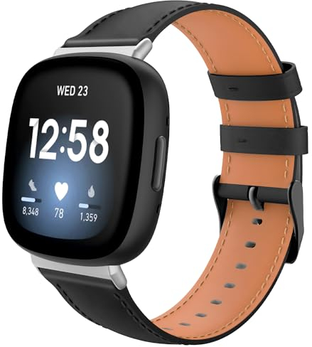 TiMOVO Leder Armband Kompatibel mit Fitbit Versa 4/Versa 3/Sense 2/Sense Uhrenarmband, Genarbtes Echtes Klassisches Leder Ersatzarmband für Damen und Herren, Schwarz