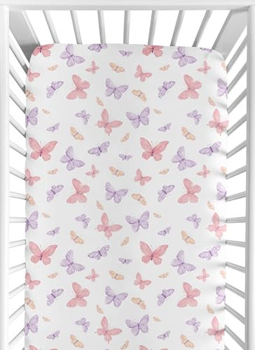 Sweet Jojo Designs Baby-Spannbetttuch für Babybett, Shabby-Chic-Stil, Schmetterlingsmädchen, Babybett, Standardmatratze, Blush Yellow Lavender, buntes Pastell-Flieder, Aquarell-Muster, Rosa und Lila