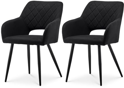 TUKAILAI Esszimmerstühle 2er Set aus Leinen, Küchenstuhl Polsterstuhl mit Offener Rückenlehne,Armlehnen,Gepolstertem Sitz, Metallbeinen, Stühle für Wohnzimmer,Esszimmer,Küche (Schwarz)