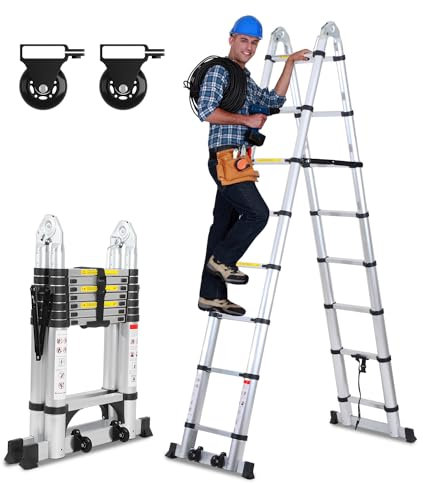 Ansobea Teleskopleiter 5M(2.5+2.5M) Teleskop Klappleiter Aluleiter Aluminiumleiter Schiebeleiter Sprossenleiter alu-teleskopleiter Ausziehleiter Teleskopleiter Mehrzweckleiter Mit Rädern, Silber