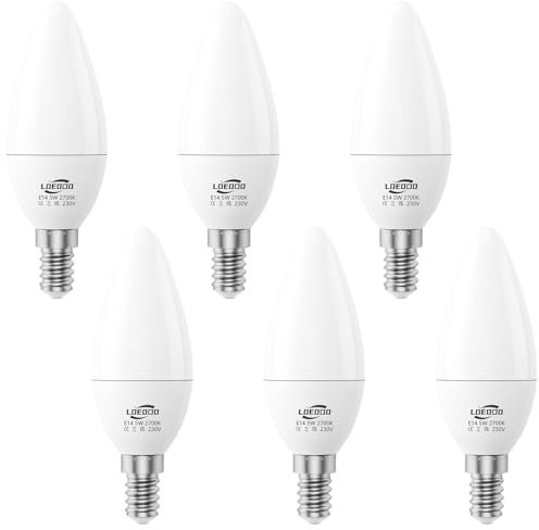 LOEODO E14 LED Light Bulb, 5W=40W, Warm White 2700K, 470LM, Pack of 6 | SES Screw Light Candle Bulb, Small Edison Screw Bulb, Non-Dimmable, No Flicker, Save 87% Energy, 37x108mm