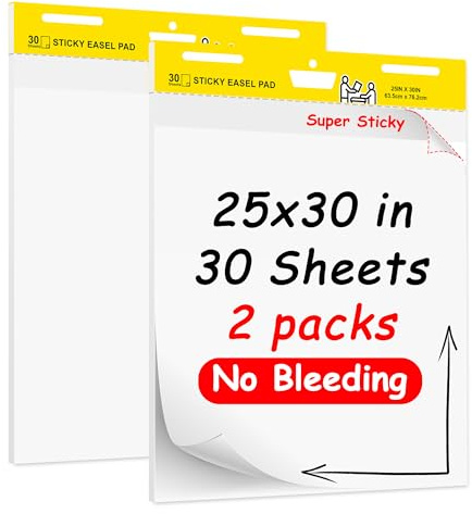 YNXPTBNC 2 x selbstklebende Staffeleiblöcke, 63,5 x 76,2 cm, Flipchart-Papier für Lehrer, selbstklebendes Staffelei-Papier für Whiteboard, großes weißes Premium-Klapphart-Papier, 30 Blatt/Block