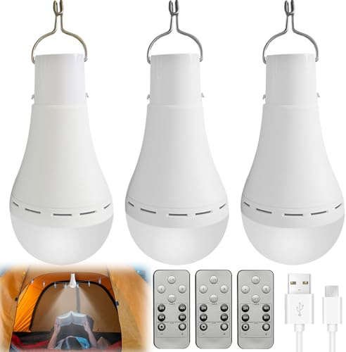 3 bombillas con batería: 9 W USB recargables con gancho, bombilla LED con mando a distancia, luz de emergencia ajustable con 3 modos de luz, bombilla LED para interiores y exteriores