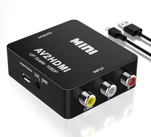 HYTTER Convertisseur AV vers HDMI, RCA vers HDMI, 1080P Mini RCA Composite CVBS Video Audio Converter Support PAL/NTSC pour TV/PC/ PS3/ STB/Xbox VHS/VCR/Blue-Ray DVD Players - Noir