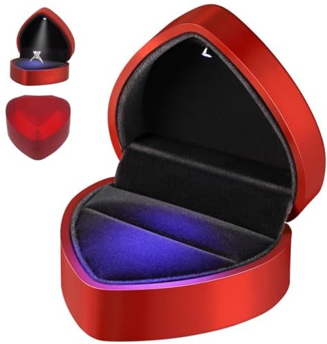 ZOMKIFA Scatola Anelli Con Luce a LED, di Velluto, Decorativa a Cuore - Regalo di Gioielli per Fidanzamento, Proposta Matrimonio, Natale (Rosso)