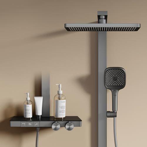 EMKE Duschsystem mit Thermostat, Anthrazit Matt, Regendusche mit Armatur, Einstellbarer Durchfluss Duschsystem mit 36x24 cm Überkopfbrause set, Duschgarnitur mit Regendusche, 4-Strahlarten Handdusche