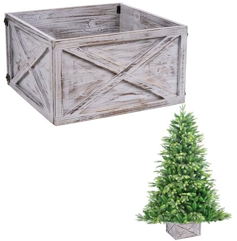 Christmas Tree Skirt Foldable Wooden Box Xmas Tree Stand Base Cover Collar Trunk Basket Ring for Tree Decorations 45x43x25cm