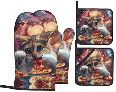 Ofenhandschuhe und Topflappen-Set, Katze, Galaxie, glänzend, hitzebeständig, Küchen-Backhandschuhe, rutschfeste Oberfläche zum Kochen, Backen, Grillen, Grillen