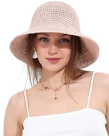 sy soul young Damen Strohhut Breitkrempe Handgewebt Faltbar Strandbucket(Rosa)