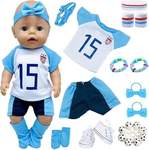 Dockkläder för 14–17 tum baby 36–43 cm kläder kläder 20 stycken inkluderade fotbollsspel, klädset, blått hårband, randigt hårband, handledsskydd set 4 hårband, 8 ballongskor